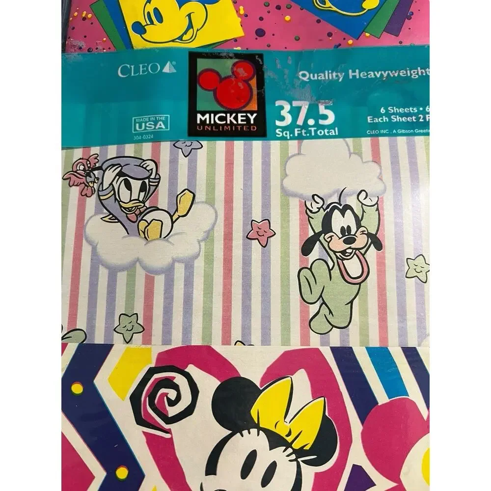 CLEO 80s Disney Mickey Mouse Minnie Goofy Wrapping Paper Flat 6 Sheets 37.5 Sq F